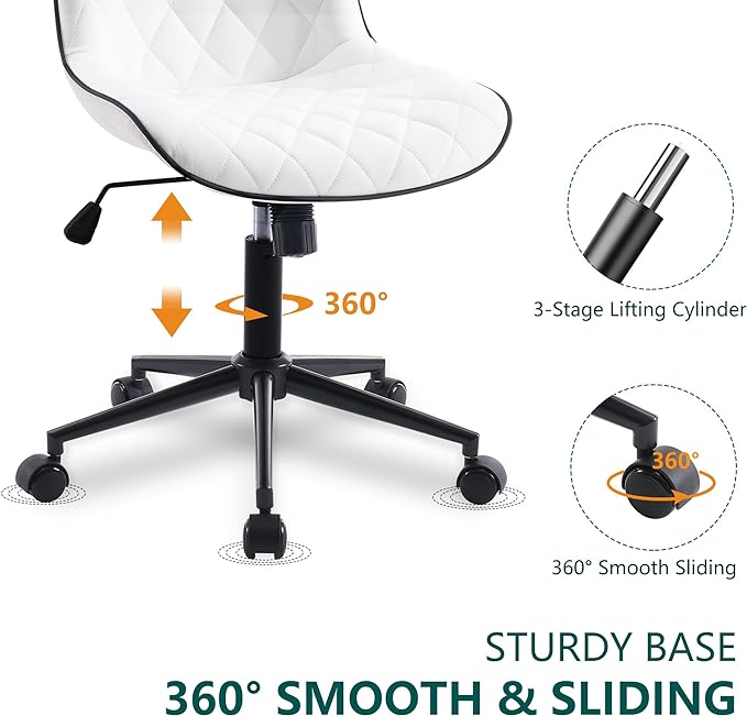 YOUNUOKE Comfortable Desk Chair, Home Office Chairs with Wheels, Armless Samll Comfy Vanity Chairs, PU Leather Computer Task Work Desk Chairs, White - LeafyLoom