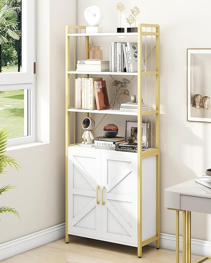 Bookshelf and Bookcases with Doors White 6 Shelf Display Storage Shelves Tall Bookshelf Versatile Storage Cabinet Home Decor Furniture Organizer for Home Office, Study, Living Room - LeafyLoom