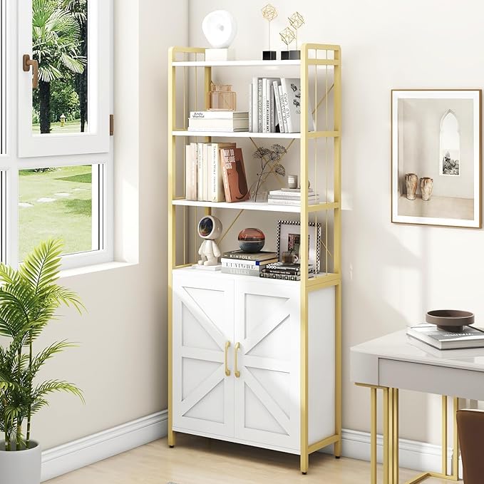 Bookshelf and Bookcases with Doors White 6 Shelf Display Storage Shelves Tall Bookshelf Versatile Storage Cabinet Home Decor Furniture Organizer for Home Office, Study, Living Room - LeafyLoom