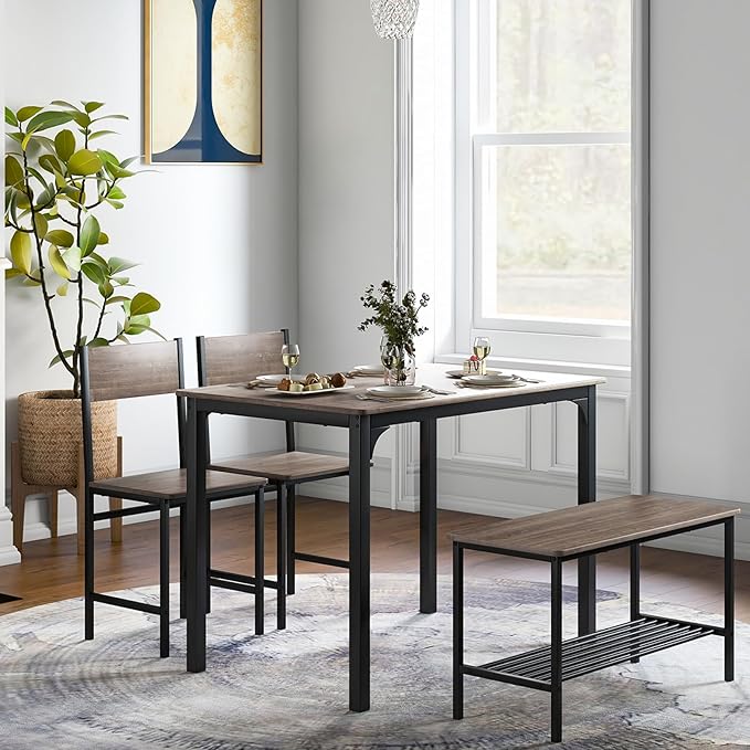 Moccha Dining Table Set for 4, Wooden Kitchen Table with with 2 Chairs and a Long Bench, Modern 4-Piece Dinette with Metal Frame & Storage Rack, Space-Saving Table Set for Dining Room, Black Oak - LeafyLoom