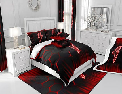 Feelyou Game Flash Bedding Set Queen Size Boys Girls Ombre Comforter Set for Kids Honeycomb Comforter Red Black Duvet Set Room Decor Quilt Set - LeafyLoom