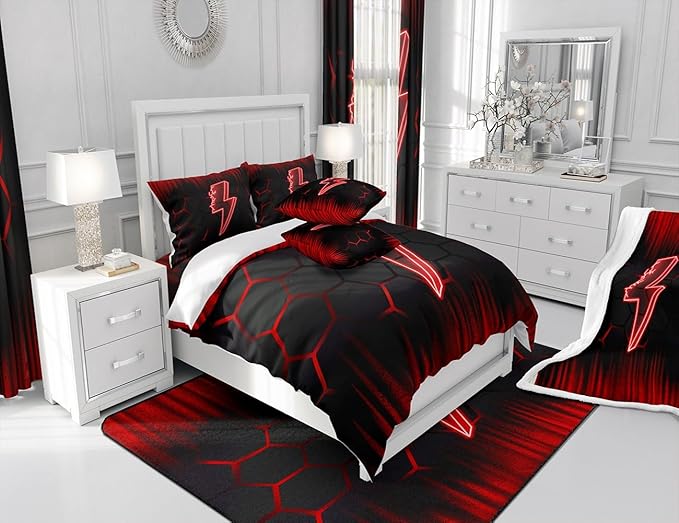 Feelyou Game Flash Bedding Set King Size Boys Girls Ombre Comforter Set for Kids Honeycomb Comforter Red Black Duvet Set Room Decor Quilt Set - LeafyLoom