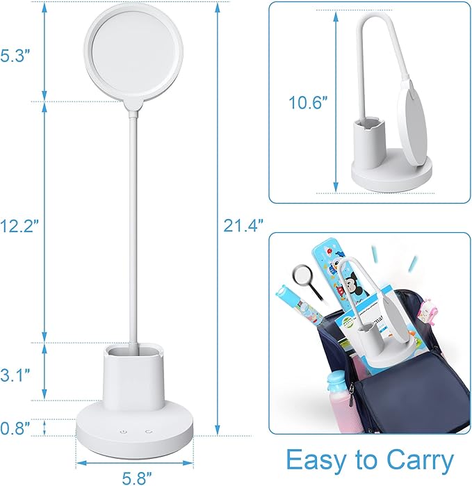 GOLSPARK Battery Operated Desk Lamp LED Rechargeable 4500mAh White LED Desk Lamps Dimmable, Touch Control 360°Flexible Dorm Reading Lamp for Students-3 Color Modes with Pen Holder Phone Stand - LeafyLoom
