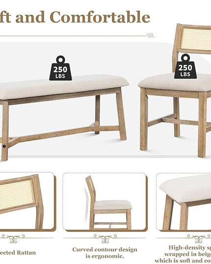 Merax 6-piece Retro Farmhouse Style Dining Set for 6 Wood Kitchen Rattan Backrest Upholstered Living Room, Home, 72" Rectangular Table+4 Chairs+1 Bench, Natural+Beige - LeafyLoom