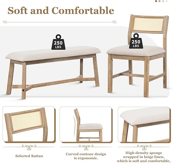 Merax 6-piece Retro Farmhouse Style Dining Set for 6 Wood Kitchen Rattan Backrest Upholstered Living Room, Home, 72" Rectangular Table+4 Chairs+1 Bench, Natural+Beige - LeafyLoom