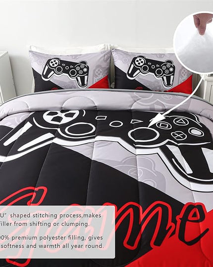KAKKI 4 Piece Boys Twin Gamer Comforter Set with Sheets, 3D Colorful Video Game Controller Comforter for Kids Teen, All Season Soft Microfiber Gaming Bedding Set(Red,Twin) - LeafyLoom