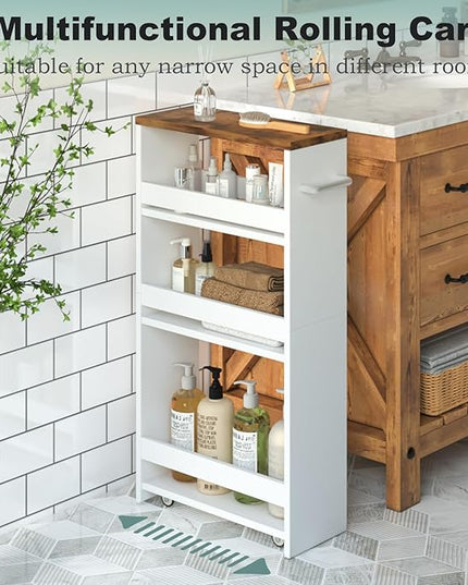 MARTY Rolling Storage Cart 4-Tier White Kitchen cart on Wheels,Slim Storage Cart with Handle Slide Out Utility Cart Shelving Unit Organizer Trolley for Laundry Narrow Places Bathroom Small Corner - LeafyLoom