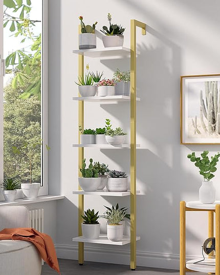 YMYNY 5 Tiers Ladder Bookcase, Industrial Wall Mounted Bookshelf, Open Display Rack with Metal Frame, Wooden Storage Shelves for Bedroom, Home Office, Living Room, White+Gold, 70*17.3*11.8"UHBC015W - LeafyLoom