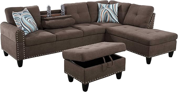 L Shaped Sofa with Ottoman Modern Sectional Living Room, Bedroom, Office, L Couch Brown-Linen - LeafyLoom