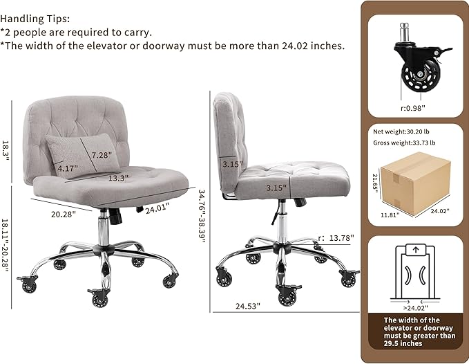 Criss Cross Chair with Wheels, Comfy Fabric Cross Legged Office Chair for Adult, Armless Wide Seat Desk Chair with Lumbar Pillow,Swivel Vanity Chair for Home Office, Conference (Grey) - LeafyLoom