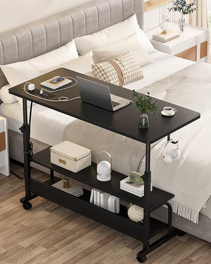 Height Adjustable Standing Desk with Power Outlets, 39" Manual Stand Up Desk with Storage Shelves Small Mobile Rolling Computer Desk Portable Laptop Table with Wheels for Home Office, Black - LeafyLoom