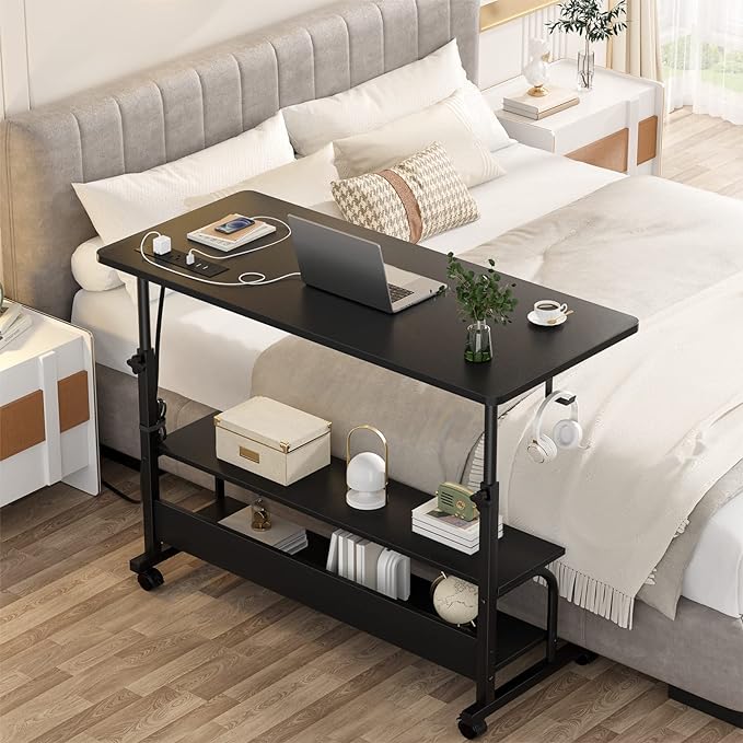 Height Adjustable Standing Desk with Power Outlets, 39" Manual Stand Up Desk with Storage Shelves Small Mobile Rolling Computer Desk Portable Laptop Table with Wheels for Home Office, Black - LeafyLoom