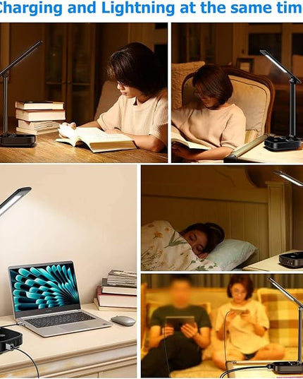 LED Desk Lamp with 4 USB Charging Ports and 2 AC Outlets,5ft Extension Cord Power Strip Station, 3 Level Brightness, Touch Dimmer Control, Office Table Eye Care Lamp bedroom hotel - LeafyLoom