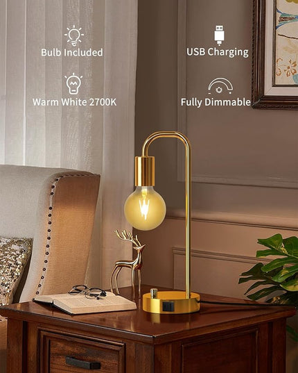 Industrial Table Lamp with 2 USB Port, Stepless Dimmable Nightstand Bedside Lamps for Bedroom,Desk Lamps with 2700K Gold Gradient Bulb for Reading Living Room - LeafyLoom