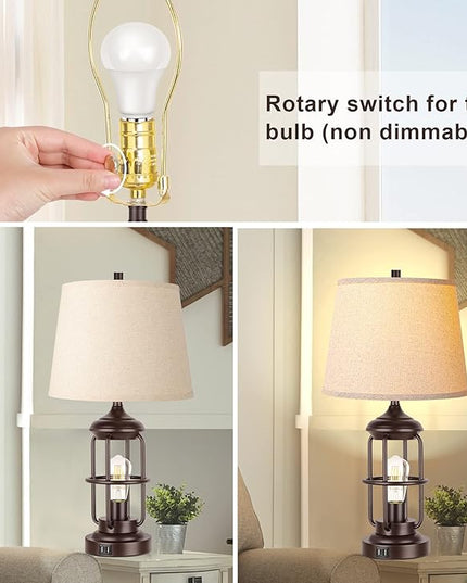 QiMH Table Lamp for Living Room with USB Ports, Touch Control 3-Way Dimmable Bedside Lamp with LED Night Light, Farmhouse Rustic Nightstand Lamp Bedroom Decor(2700K Bulbs Included) - LeafyLoom