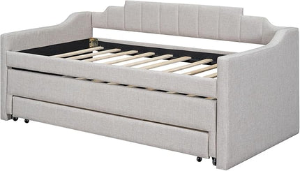 Merax Twin Size Upholstered Daybed with Trundle and Three Storage Drawers, Comfy Sofa-Bed & Padded Backrest for Living Room, Guest Room, Apartments, Both Side Armrests, Solid Wood Slats Support, Beige - LeafyLoom