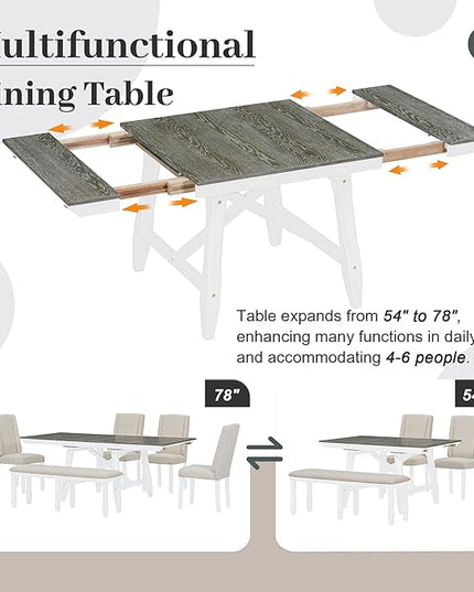 Farmhouse 6-Piece Dining Set, Included Solid Wood Rectangular Extendable Table with Two 12" W Removable Leaves and 4 Upholstered Chairs & a Bench, Home Kitchen Furniture, Brown+White-1 - LeafyLoom