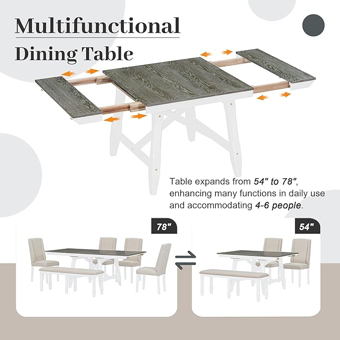 Farmhouse 6-Piece Dining Set, Included Solid Wood Rectangular Extendable Table with Two 12" W Removable Leaves and 4 Upholstered Chairs & a Bench, Home Kitchen Furniture, Brown+White-1 - LeafyLoom