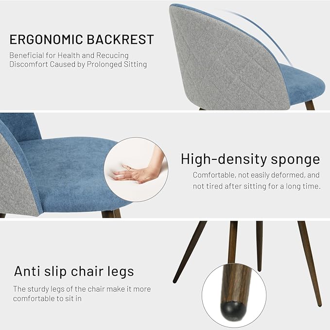 FurnitureR Upholstered Fabric Dining Chair Mid Back Armless with Wood Legs for Home Kitchen Bedroom Living Room, Set of 2, Blue/Grey - LeafyLoom