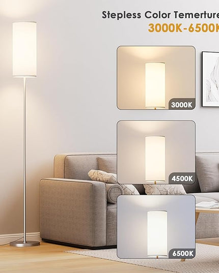 Floor Lamp for Living Room, Modern Standing lamp with Remote Control, Stepless Dimmable 12W Bulb & Beige Lampshade Included, Brushed Nickel Pole Tall Floor Lamp for Bedroom Office - LeafyLoom