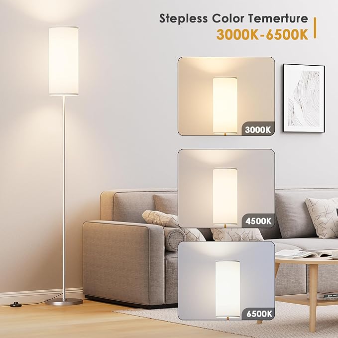 Floor Lamp for Living Room, Modern Standing lamp with Remote Control, Stepless Dimmable 12W Bulb & Beige Lampshade Included, Brushed Nickel Pole Tall Floor Lamp for Bedroom Office - LeafyLoom