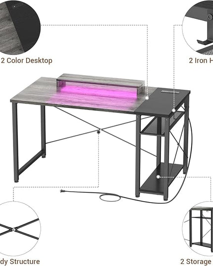 armocity Computer Desk with LED, Gaming Desk with Outlets, 40 Reversible Laptop Table with Monitor Stand, Small Desk for Small Spaces, Grey/Black - LeafyLoom