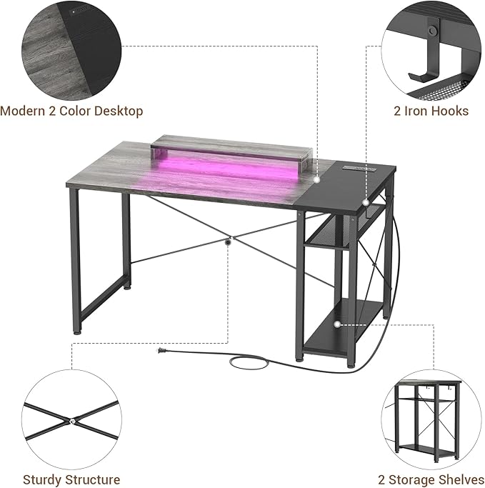 armocity Computer Desk with LED, Gaming Desk with Outlets, 40 Reversible Laptop Table with Monitor Stand, Small Desk for Small Spaces, Grey/Black - LeafyLoom