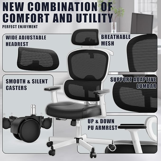 Office Chair, Ergonomic Desk Chair, High Back Desk Chair, Big and Tall Reclining Comfy Home Office Chair with Lumbar Support Breathable Mesh Computer Chair Adjustable Armrests - LeafyLoom