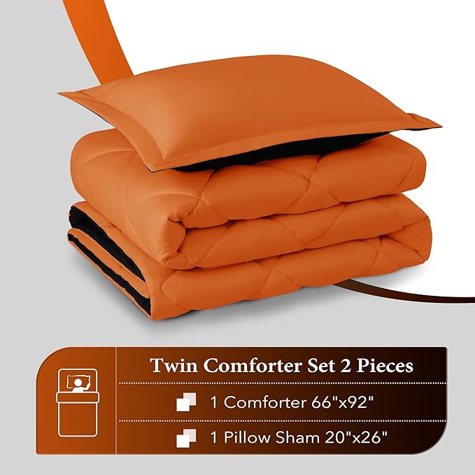 downluxe Twin Comforter Set - Orange and Black Twin Comforter, Soft Bedding Sets for All Seasons -2 Pieces - 1 Comforter (66"x92") and 1 Pillow Sham(20"x26") - LeafyLoom
