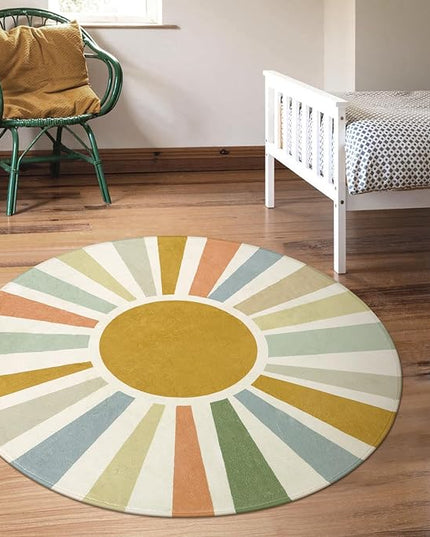 Boho Washable Rug 5 Ft Round Area Rug for Bedroom, Rainbow Circle Kids Rug for Office, Non-Slip Circluar Carpet Soft Sunshine Rug for Dorm Nursery Sofa Living Room Corner - LeafyLoom