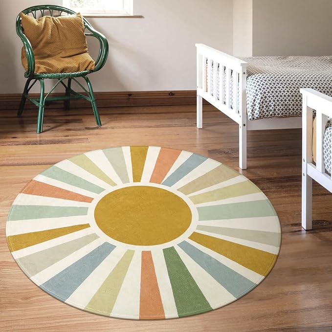 Boho Washable Rug 5 Ft Round Area Rug for Bedroom, Rainbow Circle Kids Rug for Office, Non-Slip Circluar Carpet Soft Sunshine Rug for Dorm Nursery Sofa Living Room Corner - LeafyLoom