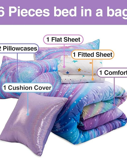 Btargot Super Soft 6 Pieces Gradient Star Ring Comforter Set, Colorful Glitter Rainbow Star Pattern Bedding Set for Boys Girls Teens, Full Purple - LeafyLoom