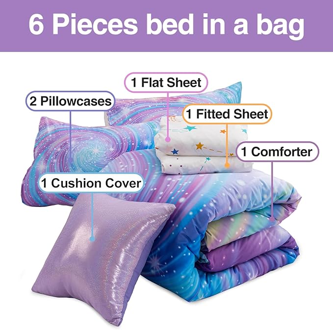Btargot Super Soft 6 Pieces Gradient Star Ring Comforter Set, Colorful Glitter Rainbow Star Pattern Bedding Set for Boys Girls Teens, Full Purple - LeafyLoom