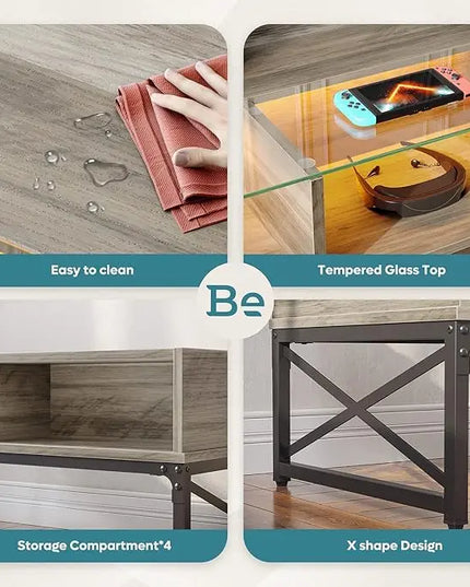 Bestier LED Coffee Tables for Living Room,Wood Center Table with Glass Top Game Night. 42 Inch Room Grey Wash - LeafyLoom
