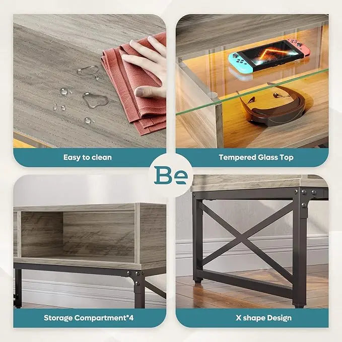Bestier LED Coffee Tables for Living Room,Wood Center Table with Glass Top Game Night. 42 Inch Room Grey Wash - LeafyLoom