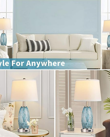 Table Lamps Set of 2, 3-Way Lighting Modes Modern Table Lamps for Bedroom, Coastal Bedside Lamps with USB Port & Type C, Glass Nightstand Lamps, 24" Table Lamps for Living Room Bedroom Decoration - LeafyLoom