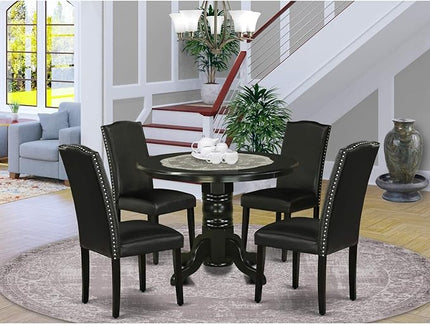 East West Furniture SHEN5-BLK-69 5 Piece Dining Room Table Set Includes a Round Kitchen Table with Pedestal and 4 Black Faux Leather Parson Dining Chairs, 42x42 Inch, Black - LeafyLoom