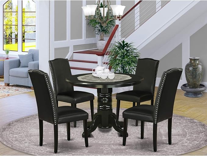 East West Furniture SHEN5-BLK-69 5 Piece Dining Room Table Set Includes a Round Kitchen Table with Pedestal and 4 Black Faux Leather Parson Dining Chairs, 42x42 Inch, Black - LeafyLoom