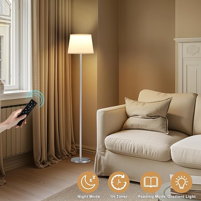 【Upgraded】Floor Lamps for Living Room, Modern Floor Lamp with Remote Control, Dimmable Colors Temperature Standing Lamp Foot Switch, 9W Bulb Tall Lamps for Bedroom Office Kid Room - Silver - LeafyLoom