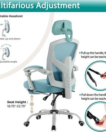 MCQ Office Computer Desk Chair, Gaming Chairs for Adults, High-Back Mesh Rolling Swivel Reclining Chairs with Wheels, Comfortable Lumbar Support, Comfy Arms for Home, Office, Gaming, Student, Blue - LeafyLoom