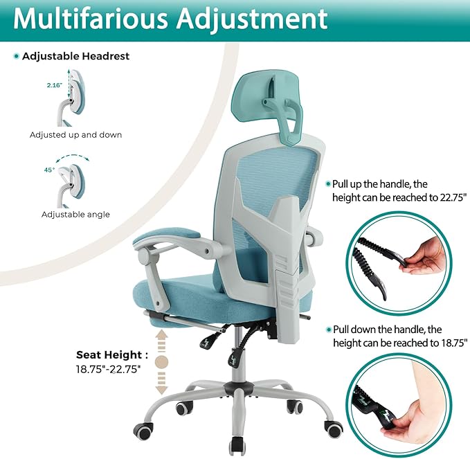 MCQ Office Computer Desk Chair, Gaming Chairs for Adults, High-Back Mesh Rolling Swivel Reclining Chairs with Wheels, Comfortable Lumbar Support, Comfy Arms for Home, Office, Gaming, Student, Blue - LeafyLoom
