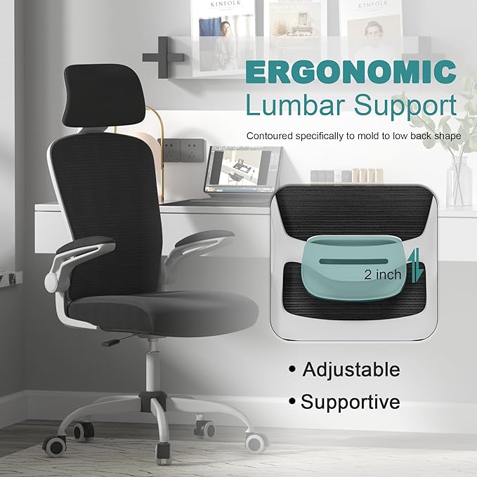 Mimoglad Office Chair, High Back Ergonomic Desk Chair with Adjustable Lumbar Support and Headrest, Swivel Task Chair with flip-up Armrests for Guitar Playing, 5 Years Warranty (Modern, Black) - LeafyLoom
