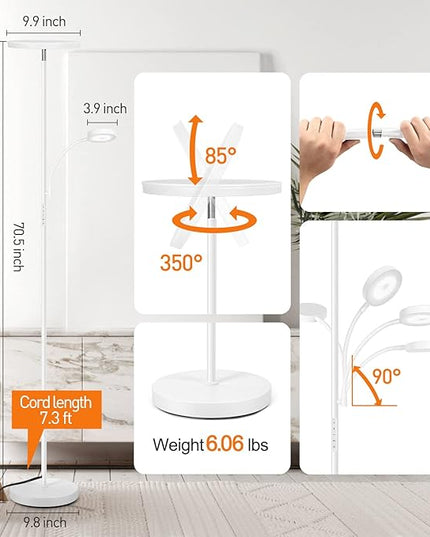 OUTON LED Floor Lamp, 27W/2400LM Modern Torchiere Lamp & 7W/ 400LM Reading Lamp, Bright Dimmable Standing Tall Lamp with 4 Color Temperature, Remote Touch Control for Living Room Bedroom Office, White - LeafyLoom