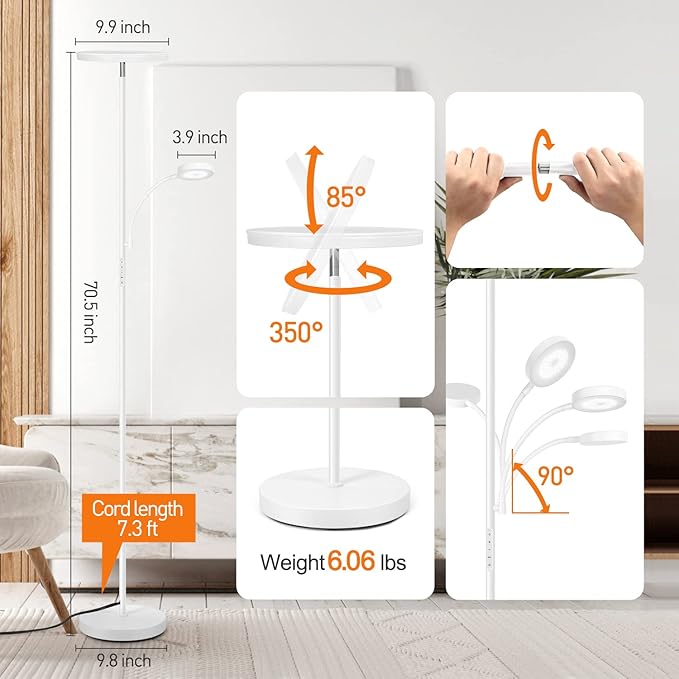 OUTON LED Floor Lamp, 27W/2400LM Modern Torchiere Lamp & 7W/ 400LM Reading Lamp, Bright Dimmable Standing Tall Lamp with 4 Color Temperature, Remote Touch Control for Living Room Bedroom Office, White - LeafyLoom