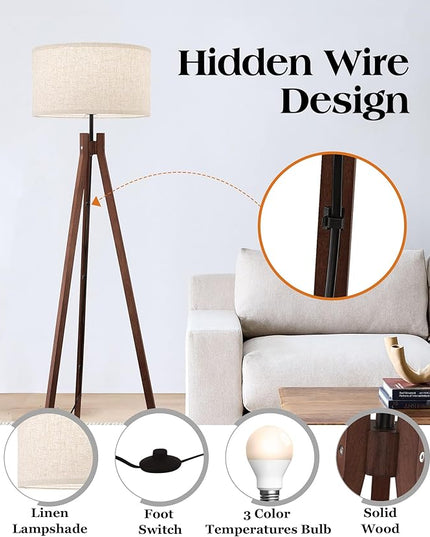 ELYONA Wood Tripod Floor Lamp, Mid Century Reading Standing Lamp with 3 Color Temperatures & Linen Shade, Modern Night Light for Bedroom, Farmhouse, Living Room, Office, 9W LED Bulb Included, Brown - LeafyLoom