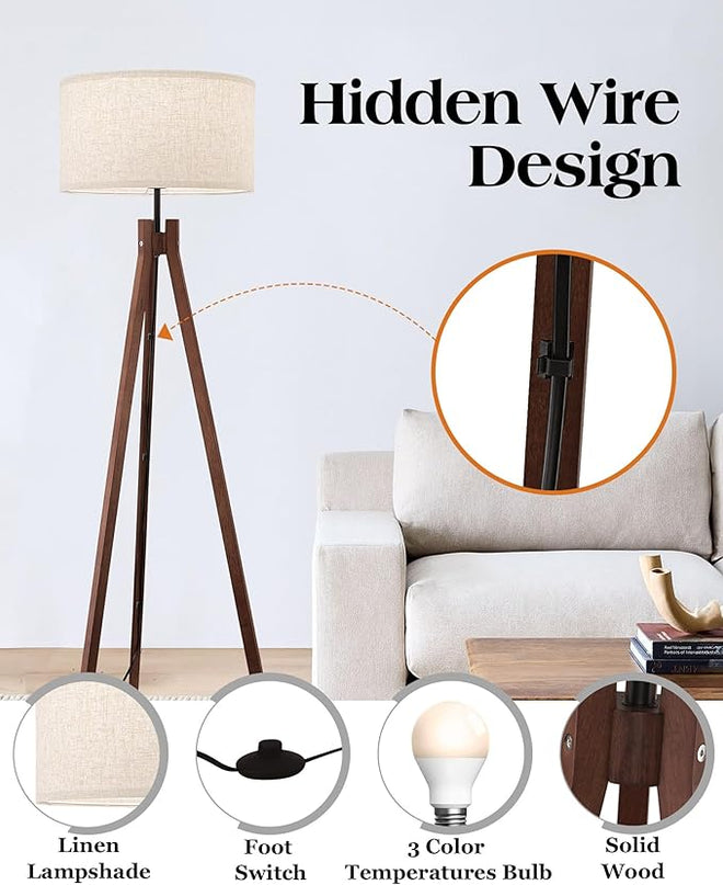 ELYONA Wood Tripod Floor Lamp, Mid Century Reading Standing Lamp with 3 Color Temperatures & Linen Shade, Modern Night Light for Bedroom, Farmhouse, Living Room, Office, 9W LED Bulb Included, Brown - LeafyLoom