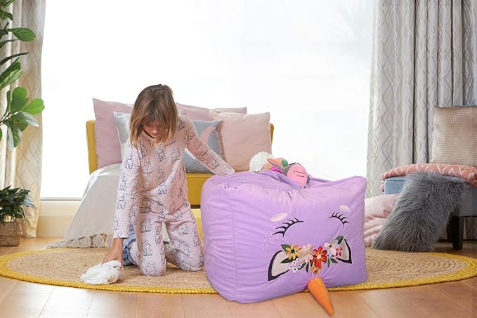Aubliss Unicorn Stuffed Animal Storage Bean Bag Chair for Kids, Velvet Extra Soft Beanbag Chairs Cover, X-Large Stuffable Zipper Bean Bag for Organizing Plush Toys Girls Bedroom Decor, Purple Floral - LeafyLoom