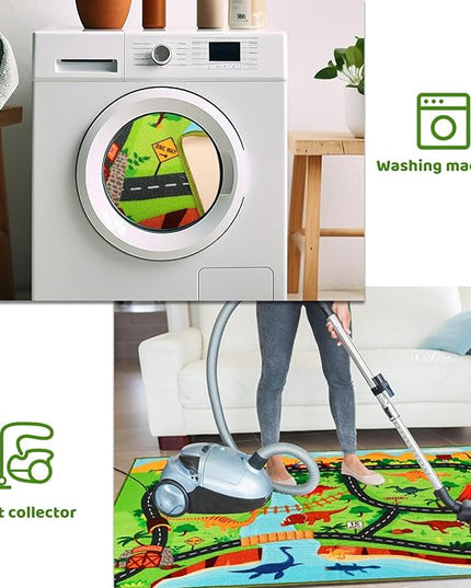 Kids Carpet Playmat Rug,59"X39.4" Dinosaur Car Rugs for Kids Toy Cars,Non Slip Dino Safari Road Map Kids Rug for Playroom Bedroom Boys,Kids Play Mat Road Rug,Track Rug Car Play Carpet for Kids - LeafyLoom