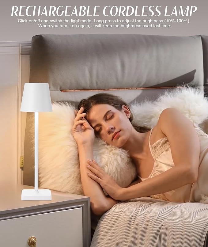 2 Pack Rechargeable Table Lamp, LED Cordless Desk Lamp, 5200mAh Battery Operated Table Light, 3 Color Stepless Dimming Up Waterproof for Coffee Table/Indoor/Outdoor (White 2Pack) - LeafyLoom