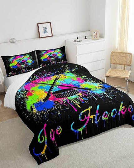 Feelyou Kids Ice Hockey Comforter Set King Size Gaming Sports Bedding Set for Boys Girls Teens Bedroom Decor Ice Sports Games Tie Dye Comforter Hockey Player Duvet Set with 2 Pillow Case - LeafyLoom
